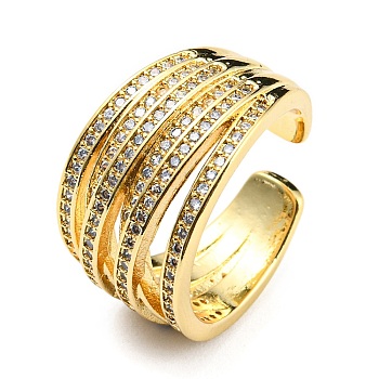Rack Plating Brass Micro Pave Cubic Zirconia Open Cuff Ring, Splite Ring for Women, Lead Free & Cadmium Free, Real 18K Gold Plated, US Size 7 3/4(17.9mm)