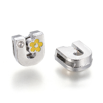 Alloy Rhinestone Slide Charms, with Enamel, Letter.U with Yellow Flower, Platinum Metal Color, 10.5x11x4.5mm, Hole: 2x8mm