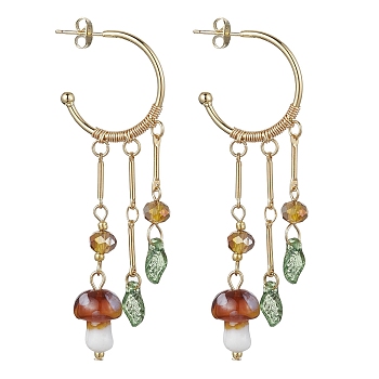 Golden 304 Stainless Steel Half Hoop Earrings, Lampwork Mushroom Drop Stud Earrings, Coconut Brown, 70x23.5x10~12mm