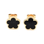 Flower Resin Stud Earrings, Golden Tone 304 Stainless Steel Jewelry for Women, Black, 9.5x10mm(X-EJEW-K281-01G-03)