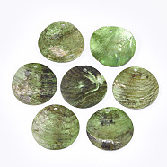 Spray Paint Natural Akoya Shell Pendants, Mother of Pearl Shell Pendants, Flat Round, Olive, 25x1~3mm, Hole: 1.1~1.5mm(SHEL-S274-75B-08)