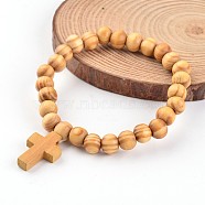 Cross Wood Beaded Stretch Charm Bracelets, BurlyWood, 55mm(BJEW-JB02219)