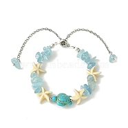 Synthetic Turquoise & Natural Aquamarine Chips Beaded Slider Bracelets, Starfish & Turtle Adjustable Bracelet for Women, 11-3/8 inch(29cm)(BJEW-TA00362)