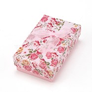 Flower Pattern Cardboard Jewelry Packaging Box, 2 Slot, For Ring Earrings, with Ribbon Bowknot and Black Sponge, Rectangle, Pink, 8x5x2.6cm(X1-CBOX-L007-003D)