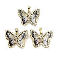 Real 18K Gold Plated Rack Plating Brass Micro Pave Cubic Zirconia Pendants, with Resin, Long-Lasting Plated, Cadmium Free & Lead Free, Butterfly, Dark Gray, 21.5x26.5x5mm, Hole: 6x2.7mm(KK-R161-05G-06)