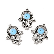 304 Stainless Steel Enamel Pendants, with Crystal Rhinestone, Hamsa Hand with Evil Eye, Stainless Steel Color, 25x20x2mm, Hole: 1.6mm(STAS-A080-09P)