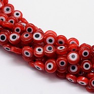 Handmade Evil Eye Lampwork Flat Round Bead Strands, Red, 6x3mm, Hole: 1mm, about 65pcs/strand, 14 inch(X-LAMP-L058-6mm-06)