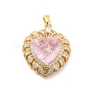 Brass Micro Pave Clear Cubic Zirconia Pendants, with Glass, Heart, Real 18K Gold Plated, Pink, 24.5x21.5x9mm, Hole: 4x2.5mm(KK-I695-009A)