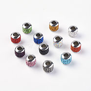 304 Stainless Steel European Beads, with Grade A Rhinestone, Large Hole Beads, Barrel, Mixed Color, 10x9.5mm, Hole: 5mm(STAS-E142-P)