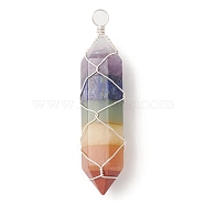7 Chakra Gemstone Double Terminal Pointed Pendants, Copper Wire Wrapped Gems Faceted Bullet Charms, Silver, 49x12x13mm, Hole: 3.7mm(PALLOY-TA00057-01)