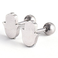 201 Stainless Steel Barbell Cartilage Earrings, Screw Back Earrings, with 304 Stainless Steel Pins, Hamsa Hand/Hand of Miriam, Stainless Steel Color, 7x8x2mm, Pin: 1mm(EJEW-R147-17)