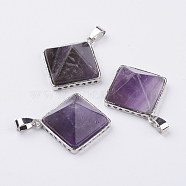 Natural Amethyst Pendants, with Brass Finding, Pyramid, Platinum, 28.5x32x13mm, Hole: 3.5x6mm(G-E442-02F)