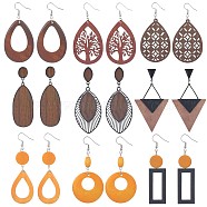 9 Pair 9 Style Teardrop & Rectangle & Triangle Natural Wood Dangle Earrings Set, 316 Stainless Steel Jewelry for Women, Mixed Color, 72~96mm, Pin: 0.6mm, 1 Pair/style(EJEW-SC0001-35)