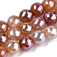 Electroplate Natural Agate Beads Strands, Dyed, Faceted, Pearl Luster Plated, Round, Dark Salmon, 10.5mm, Hole: 1.2mm, about 36~37pcs/strand, 14.37 inch~14.57 inch(36.5cm~37cm)(G-T131-55-02)