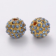 Alloy Rhinestone Beads, Grade A, Round, Golden Metal Color, Light Sapphire, 12mm(X-RB-A034-12mm-A04G)
