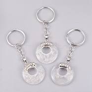 Natural Quartz Crystal Keychain, with Platinum Plated Iron Key Rings and Brass Findings, Flat Round, 84mm(KEYC-P041-D17)