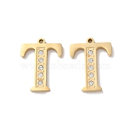 Real 14K Gold Plated 304 Stainless Steel Pendants, with Rhinestone, Letter T, 18x13.5x2mm, Hole: 1.2mm(STAS-L022-157G-T)