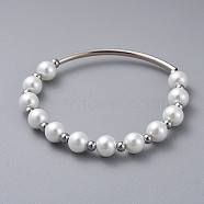 Glass Pearl Beads Stretch Bracelets, with 304 Stainless Steel Smooth Round Spacer Beads and Curved Brass Tube Beads, White, 2-1/8 inch(5.5cm)(BJEW-JB04758-01)