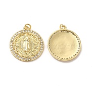 Brass Micro Pave Cubic Zirconia Pendants, with Jump Ring, Flat Round with Religion Virgin Mary Charm, Golden, 28x25x4mm, Hole: 3.3mm(KK-E068-VB093)