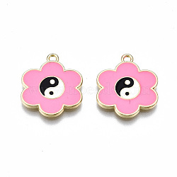 Rack Plating Alloy Enamel Pendants, Cadmium Free & Lead Free, Flower with Yin Yang, Light Gold, Pearl Pink, 19x16.5x2mm, Hole: 1.5mm(ENAM-T014-01C-RS)