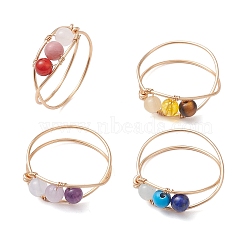 4Pcs Copper Wire Wrapped Natural & Synthetic Gemstone Round Beaded Finger Rings for Women, 7mm, Inner Diameter: 19mm(RJEW-JR00738-S)