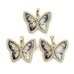 Real 18K Gold Plated Rack Plating Brass Micro Pave Cubic Zirconia Pendants, with Resin, Long-Lasting Plated, Cadmium Free & Lead Free, Butterfly, Dark Gray, 21.5x26.5x5mm, Hole: 6x2.7mm(KK-R161-05G-06)