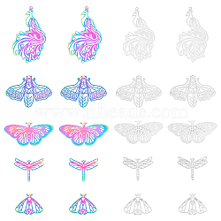 40Pcs 10 Style Ion Plating(IP) 201 Stainless Steel Filigree Big Pendants, Etched Metal Embellishments, Dragonfly & Moth & Bee, Mixed Color, 21.5~56x27~44x0.2~0.3mm, Hole: 1.2~1.8mm, 4pcs/style(STAS-UN0042-09)