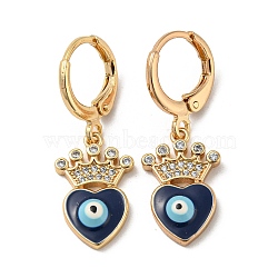 Real 18K Gold Plated Brass Dangle Leverback Earrings, with Enamel and Cubic Zirconia, Heart with Evil Eye, Medium Blue, 30x11mm(EJEW-A033-08G-01)