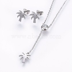 304 Stainless Steel Jewelry Sets, Stud Earrings and Pendant Necklaces, with Rhinestone, Coconut Tree, Stainless Steel Color, 16.54 inch(42cm), 10x10x1mm, Pin: 0.8mm(SJEW-H137-12P)