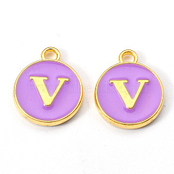 Golden Plated Alloy Enamel Charms, Enamelled Sequins, Flat Round with Letter, Medium Purple, Letter.V, 14x12x2mm, Hole: 1.5mm(X-ENAM-S118-10V)