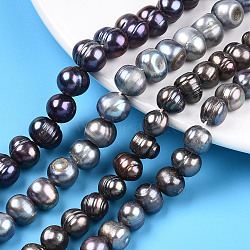 Natural Cultured Freshwater Pearl Beads Strands, Dyed, Round, Camel, 7.5~10x6~12mm, Hole: 0.6mm, about 43~48pcs/strand, 14.57~15.35 inch(37~39cm)(PEAR-N013-08D)
