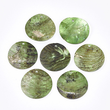 Spray Paint Natural Akoya Shell Pendants, Mother of Pearl Shell Pendants, Flat Round, Olive, 25x1~3mm, Hole: 1.1~1.5mm