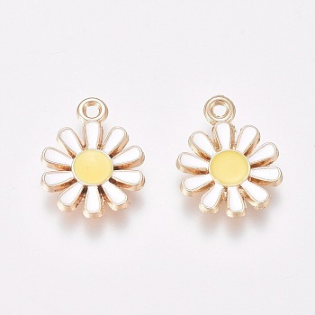 Enamel Charms, with Golden Plated Alloy Findings, Daisy, White, 15x11.5x2mm, Hole: 1.4mm