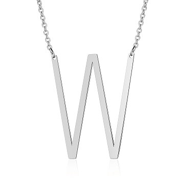 201 Stainless Steel Initial Pendants Necklaces, with Cable Chains, Letter, Letter.W, 17.3~18.3 inch(44~46.5cm)x1.5mm, LetterW: 37x30x1mm