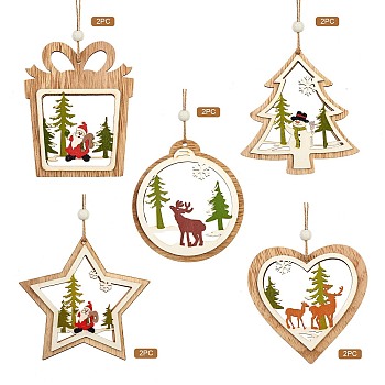 10Pcs 5 Style Wooden Ornaments, with Jute Twine, for Party Gift Home Decoration, Mixed Shapes, BurlyWood, 20cm, 2pcs/style