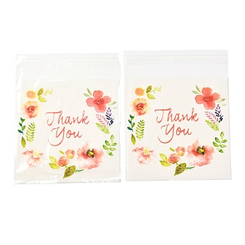 Rectangle OPP Self-Adhesive Bags, with Word Thank You and Flower Pattern, for Baking Packing Bags, Colorful, 14x10x0.02cm, 100pcs/bag