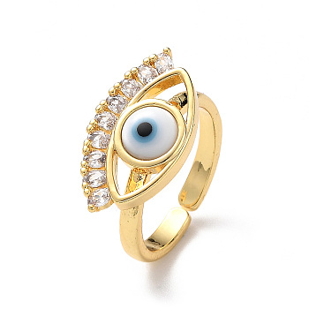 Lampwork Evil Eye Open Cuff Ring with Clear Cubic Zirconia, Real 18K Gold Plated Brass Jewelry for Women, White, Inner Diameter: 17mm