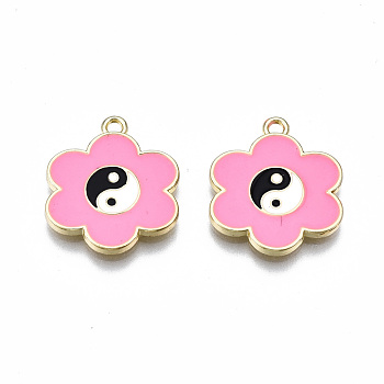Rack Plating Alloy Enamel Pendants, Cadmium Free & Lead Free, Flower with Yin Yang, Light Gold, Pearl Pink, 19x16.5x2mm, Hole: 1.5mm