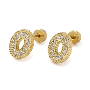 304 Stainless Steel with Rhinestone Stud Earrings, Number 0, Real 14K Gold Plated, 9.5x7mm