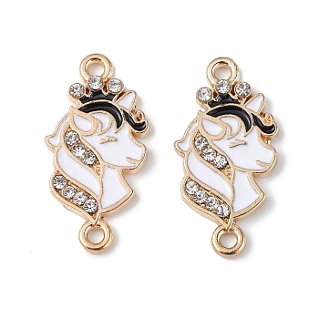 Alloy Enamel Connector Charms, Unicorn Links with Crystal Rhinestone, Light Gold, Cadmium Free & Nickel Free & Lead Free, White, 23x11.5x2mm, Hole: 1.6mm