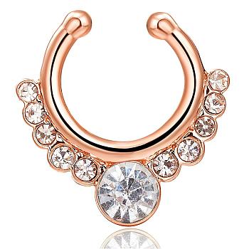 Personality Brass Cubic Zirconia Clip-on Nose Septum Rings, Nose Piercing Jewelry, Circular/Horseshoe Barbell, Golden, Clear, 17x16mm