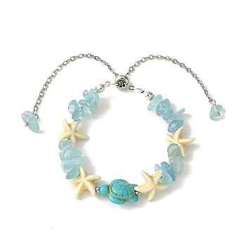 Synthetic Turquoise & Natural Aquamarine Chips Beaded Slider Bracelets, Starfish & Turtle Adjustable Bracelet for Women, 11-3/8 inch(29cm)