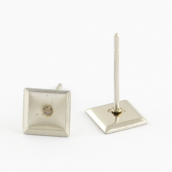 304 Stainless Steel Stud Earring Settings, Stainless Steel Color, Square Tray: 6x6mm, 6x6x1mm, Pin: 0.5mm