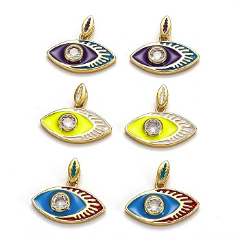 Brass Clear Cubic Zirconia  Pendants, with Enamel, Long-Lasting Plated, with Jump Ring, Real 18K Gold Plated, Eye, Mixed Color, 14x22.5x3.5mm, Hole: 6x2mm