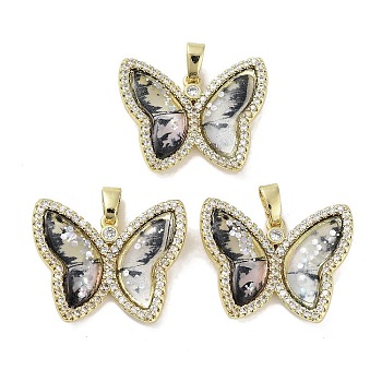 Real 18K Gold Plated Rack Plating Brass Micro Pave Cubic Zirconia Pendants, with Resin, Long-Lasting Plated, Cadmium Free & Lead Free, Butterfly, Dark Gray, 21.5x26.5x5mm, Hole: 6x2.7mm