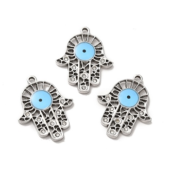 304 Stainless Steel Enamel Pendants, with Crystal Rhinestone, Hamsa Hand with Evil Eye, Stainless Steel Color, 25x20x2mm, Hole: 1.6mm