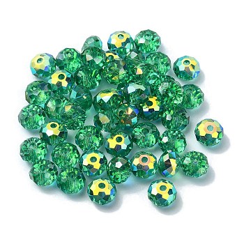 AB Color Plated Glass Beads, Faceted Rondelle, Green, 6x4mm, Hole: 1.4mm