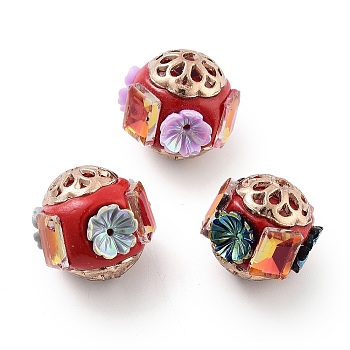 Handmade Indonesia Beads, with Alloy and Resin, Round with Flower, Golden, Mixed Color, 17.5mm, Hole: 1.9mm