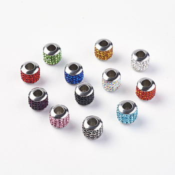 304 Stainless Steel European Beads, with Grade A Rhinestone, Large Hole Beads, Barrel, Mixed Color, 10x9.5mm, Hole: 5mm