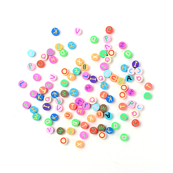 Handmade Polymer Clay Alphabet Beads, Flat Round, Mixed Color, 9.5~10x4.5~5mm, Hole: 1.8~2mm, about 100pcs/bag